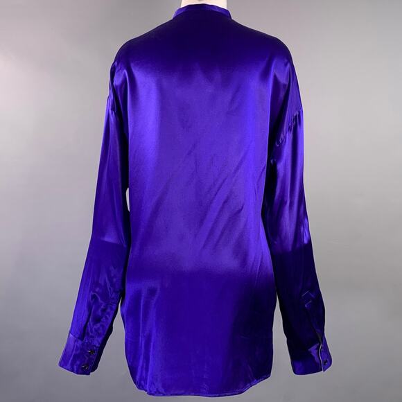 HAIDER ACKERMANN Size S Blue Silk Nehru Collar Hidden Buttons Shirt - Picture 3 of 5